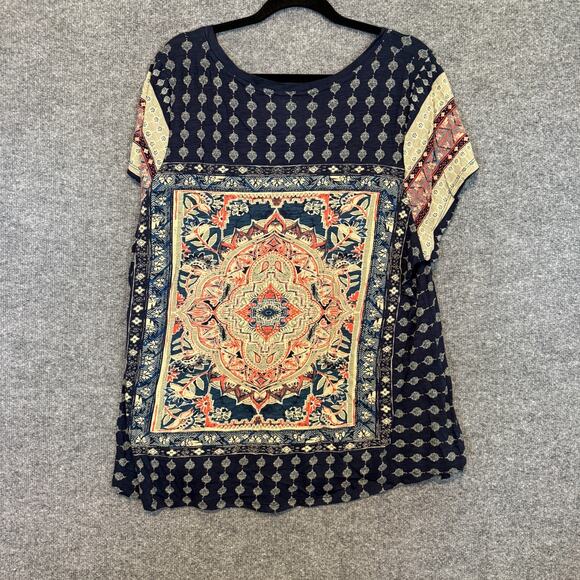 Lucky Brand TShirt Womens 3X XXXL Blue Persian Boho All Over Print Plus Size - Picture 2 of 8